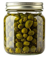 Pickled capers in jar with brine on white background showing clear glass and green color