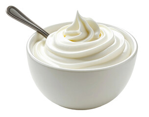 Yogurt dessert in a white bowl with a metal spoon resting beside it on a plain background