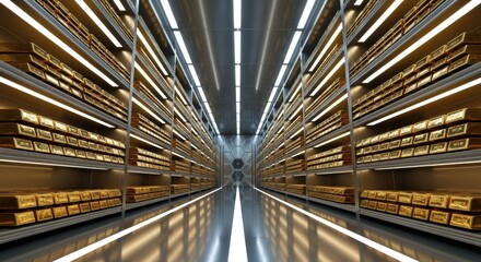 Immense rows of gold bars stacked on shelves in a brightly lit vault