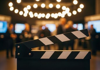 CloseUp Clapperboard With Blurred Crowd And String Lights Background