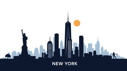 New York City skyline silhouette featuring the Statue of Liberty and major skyscrapers under a glowing orange sun.