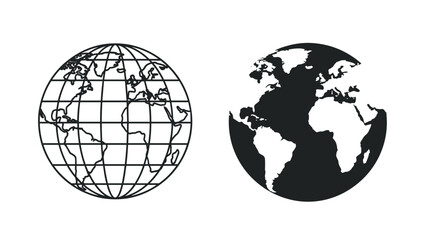 Two versions of a world globe, one with a grid of latitude and longitude lines and one with a solid map silhouette for global communications.