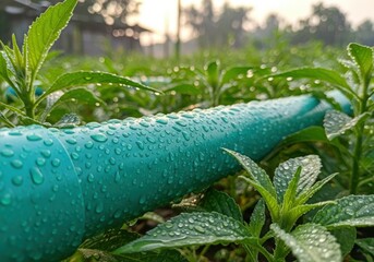 CloseUp DewDrops On Teal Green Plant Leaves Morning Sunlight