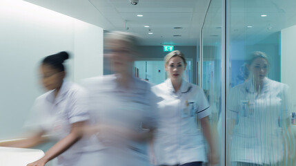 Busy hospital corridor with nurses in motion blur walking past glass walls, conveying urgency and healthcare environment.