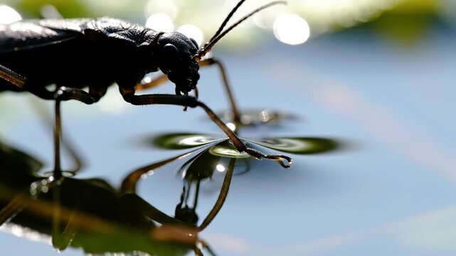 Water strider insect standing on water surface 4K Video