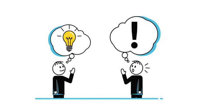 Two stick figures communicating with thought bubbles containing an idea light bulb and an exclamation mark to show effective brain storming.