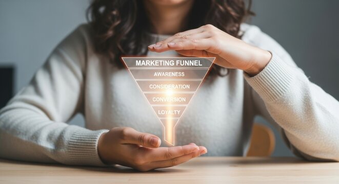 Woman with hands cupped around a glowing marketing funnel visualization.