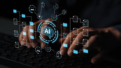 Hands Typing on Keyboard with Digital AI Concepts Overlaid, Representing Technology, Innovation, and Future Developments in Artificial Intelligence Gluon.