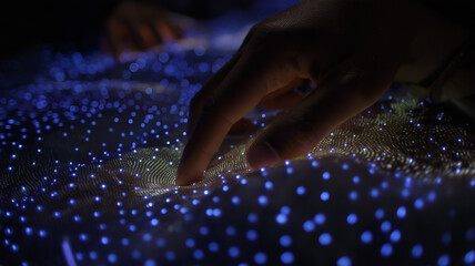 Human hand interacting with a digital particle surface representing data analysis advanced technology and futuristic user interaction concept.

