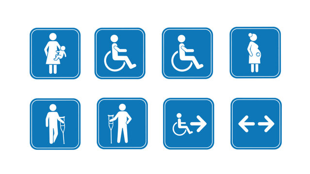Collection of blue accessibility signs including symbols for pregnancy disability and priority seating in public.