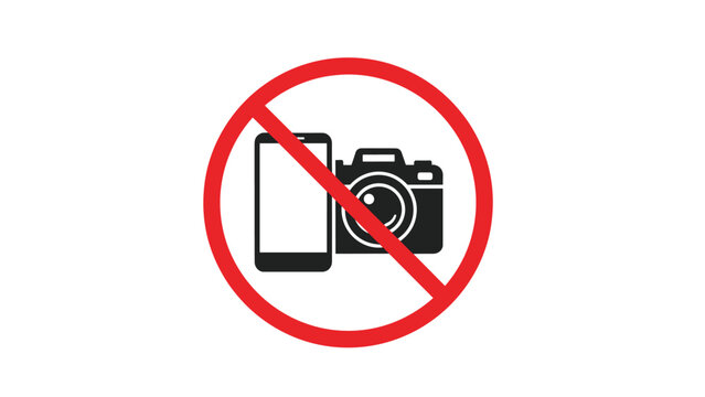 No photography sign with camera and smartphone icons inside a red prohibition circle on a plain white background.