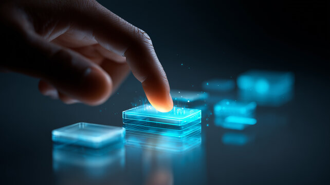 Finger pressing a glowing digital block representing data selection process user interface control and technology decision concept.
- Powered by Adobe