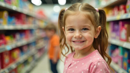 A European girl walks through a supermarket aisle with her parent, surrounded by daily necessities. This image supports marketing strategies for family retail and child-focused consumer goods