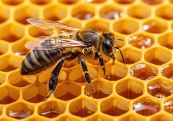 CloseUp Honeybee Collecting Nectar On Golden Honeycomb Cells
