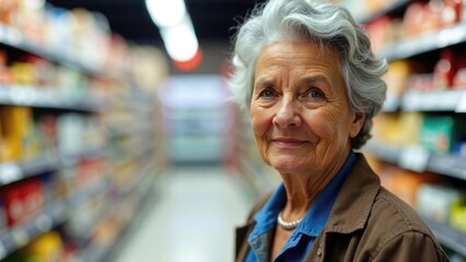 Elderly European woman in a spacious supermarket with rows of product shelves around. Image for chain store advertising and family shopping experience