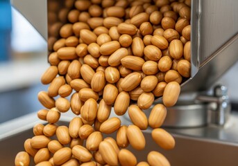 CloseUp View Almonds Pouring From Stainless Steel Hopper