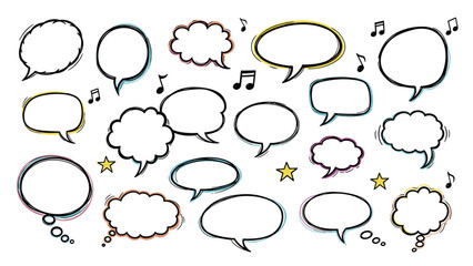 Fototapeta premium Colorful collection of hand drawn speech bubbles, thought clouds, and musical notes in a whimsical doodle style.