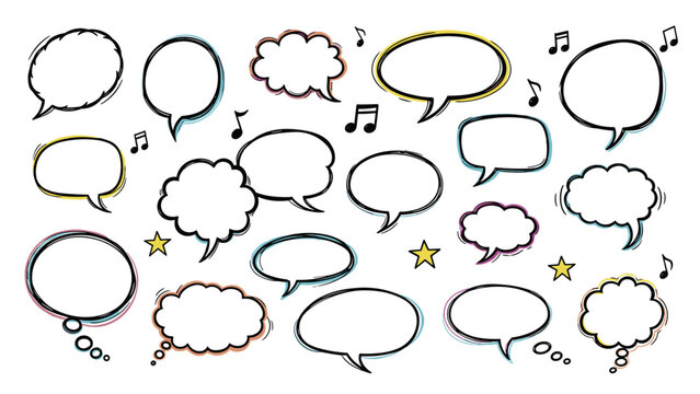 Colorful collection of hand drawn speech bubbles, thought clouds, and musical notes in a whimsical doodle style.