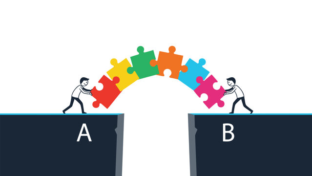 Business team works together to bridge a gap by connecting colorful puzzle pieces into a strong arch that links point A to point B successfully.