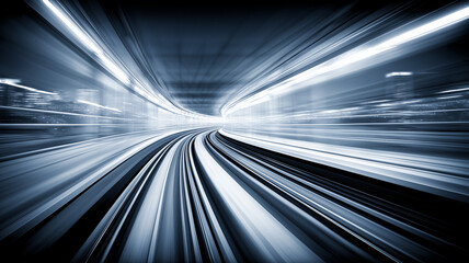 High speed motion light trails inside a futuristic tunnel representing fast data transfer digital acceleration and technology flow.
