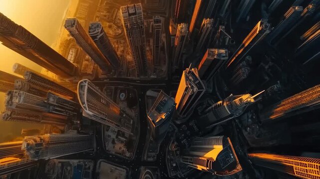 Stunning aerial view of Dubai's skyline at sunset featuring Burj Khalifa, Aerial sunset view Burj Khalifa Dubai city Skyscrapers