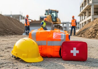 Construction Site Safety Gear With Workers And Bulldozer
