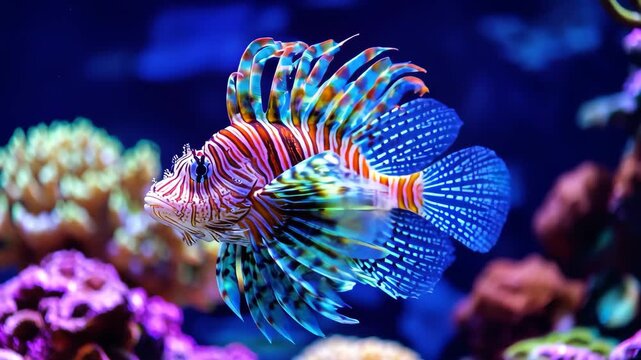 Colorful lion fish swimming gracefully among coral reefs in the Maldives, Colorful Lion Fish in coral reef, Maldivian diving, indian ocean wildlife