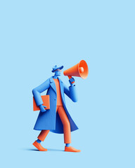 Art collage. A man with a megaphone. Promotion, action, ad, job questions, discussion. Business concept, communication, information, news, team media relations.