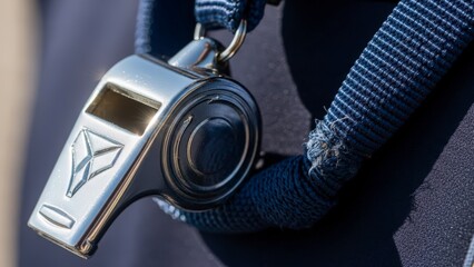 Silver Whistle Hanging on Black Lanyard.