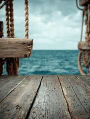 Fototapeta premium Exploring the History of Navigation on a Wooden Ship Deck With an Open Horizon Over the Sea in a Historical Setting