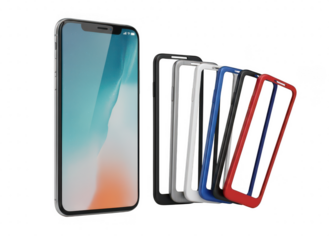 Smartphone with multiple cases, isolated on transparent background