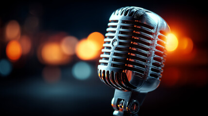 A vintage studio microphone with blurred stage lights in the background representing audio recording broadcasting and professional sound production.
