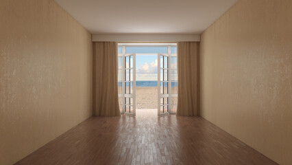Obraz premium Empty Beige Hotel Room with Beach Access. Dark Parquet Flooring, Beige Walls, and Curtains. 3D Illustration, Ultra HD 8K, 7680x4320, 300 dpi