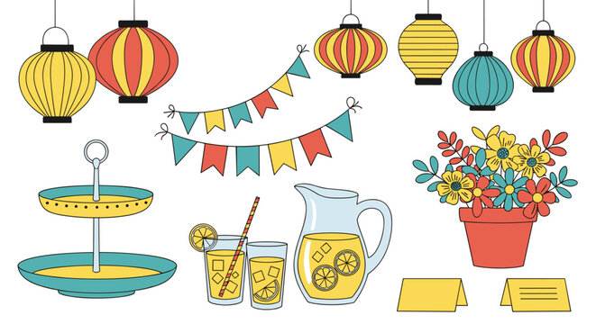 Elegant party decorations create a festive celebration with bright lanterns, bunting banners, refreshments, floral arrangements, and place cards for welcoming guests, perfect for e.