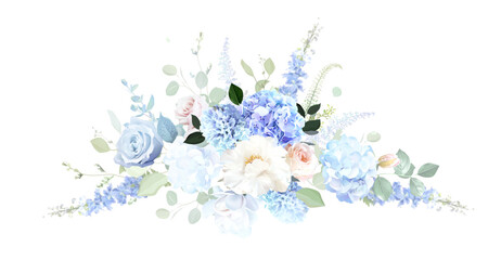 Bridgerton inspired pastel floral vector design bouquet. Blue delphinium, white peony, hyacinth, magnolia, pink rose, hydrangea, greenery and plants. All flowers and branches are isolated and movable. © lavendertime