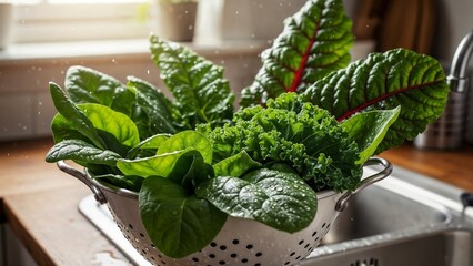Fresh leafy greens washing in a colander by kitchen sink, concept of health  
