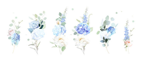 Bridgerton inspired pastel floral vector design bouquets. Blue delphinium, white peony, hyacinth, magnolia, pink rose, hydrangea, greenery and plants. All flowers and branches are isolated and movable © lavendertime