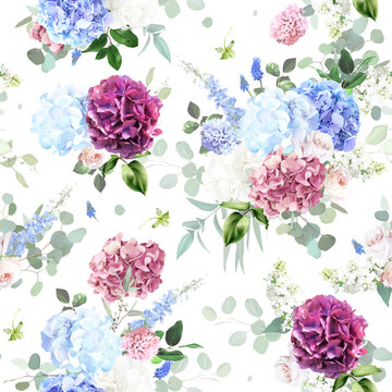 Lush hydrangea pastel floral vector design pattern. Blue delphinium, white peony, pink rose, hyacinth, colorful hydrangea, lilac, greenery and plants. All flowers and branches are isolated and movable