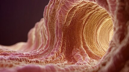 Human internal vessel depicting an intricate, wavy biological structure with numerous microscopic folds, illustrating the complex organization of bodily tissues at a cellular level