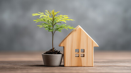 Wooden house placed beside a small plant representing sustainable housing green living and eco friendly real estate development.
