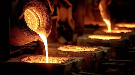 Molten metal pouring from a ladle into multiple sand molds, creating new castings in an industrial factory foundry environment with intense heat and glowing liquid