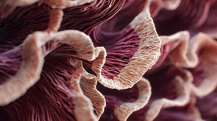 Macro view of burgundy fungus layers with undulating wavy edges and intricate fractal patterns, a detailed organic texture ideal for nature, mycology, science and design visuals