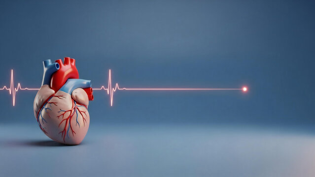 3D rendered human heart model with glowing ECG line on a clean blue background for cardiology concept