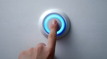Finger pressing a modern circular smart button with a glowing blue light ring on a white wall, indicating activation, control, or initiating an action in a smart home or automation system
