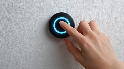Human hand pressing a futuristic smart home control button on a textured white wall, activating a blue glowing interface for modern automation technology