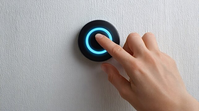 Human hand pressing a futuristic smart home control button on a textured white wall, activating a blue glowing interface for modern automation technology - Powered by Adobe