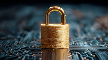 Golden padlock placed on a digital circuit board illustrating cybersecurity protection data privacy and secure technology systems.
