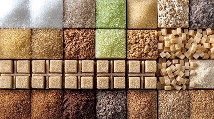 Varieties of sugar including white, brown, granulated, cubes, and specialty options are neatly arranged, showcasing diverse textures and colors for culinary applications