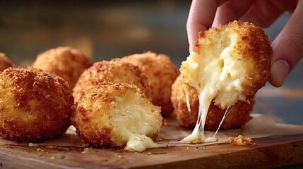 Crispy golden fried mozzarella balls with gooey, stringy melted cheese stretching as one is pulled apart on a rustic wooden board  crunchy, indulgent appetizer perfect for sharing
