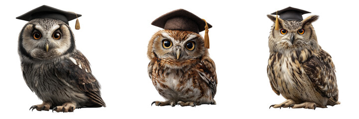 Obraz premium Set of A realistic owl wearing a graduation cap standing upright with folded wings on transparent png background. Ai generated